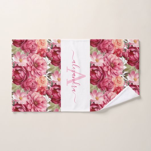 Monogram Bright Pink Floral Elegant Towel Set (Serviette à main)