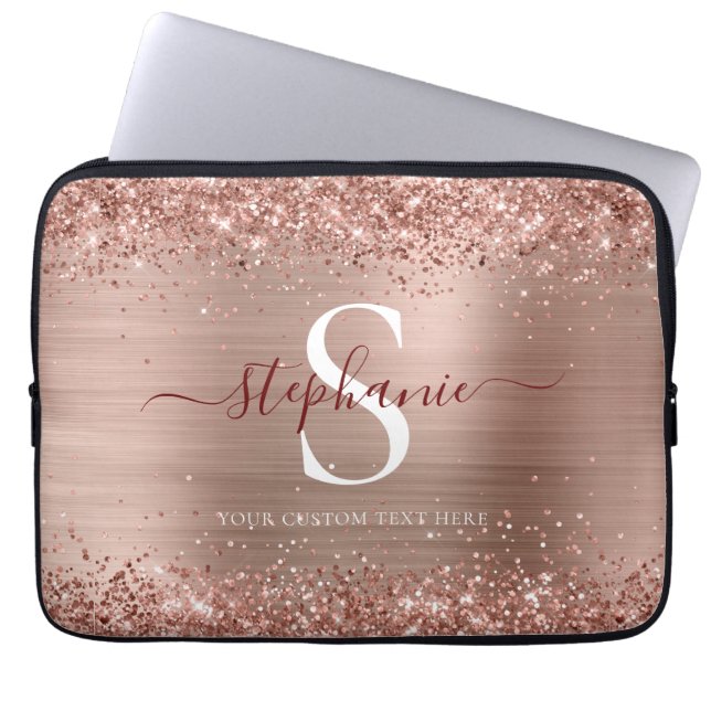 Monogram Brown Faux-Glitter Girly Glam Laptop Sleeve (Voorkant)