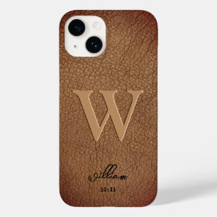 Monogram Brown Rustic Leather stijlvolle scriptnaa Case-Mate iPhone 14 Hoesje