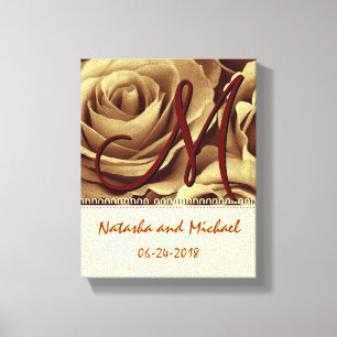 Monogram bruid en bruidegom met gouden Rozen Canvas Afdruk