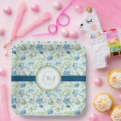 Monogram Bruiloft Boho Blauw Waterverf Bloemen Papieren Bordje (Feest)