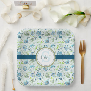 Monogram Bruiloft Boho Blauw Waterverf Bloemen Papieren Bordje