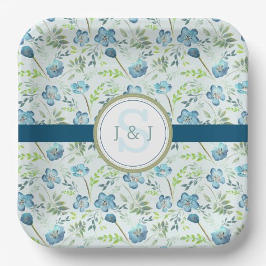 Monogram Bruiloft Boho Blauw Waterverf Bloemen Papieren Bordje (Voorkant)