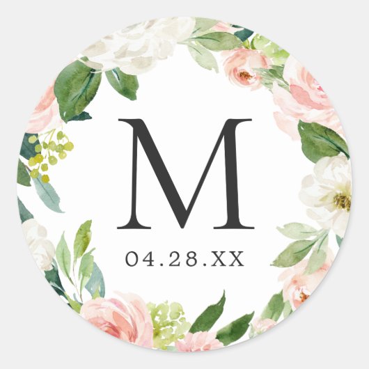 Monogram bruiloft Datum Blush Pink Floral Wreate Ronde Sticker (Voorkant)