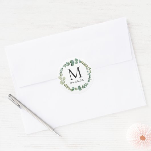 Monogram bruiloft Datum Eucalyptus Leaves Ronde Sticker (Envelop)