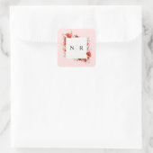 Monogram Bruiloft Delicate Poppy Roze Bruiloft Vierkante Sticker (Tas)
