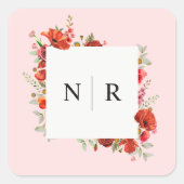 Monogram Bruiloft Delicate Poppy Roze Bruiloft Vierkante Sticker (Voorkant)
