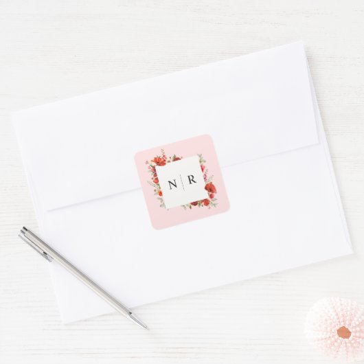 Monogram Bruiloft Delicate Poppy Roze Bruiloft Vierkante Sticker (Envelop)