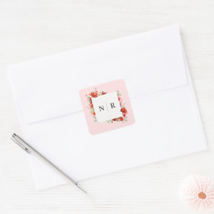 Monogram Bruiloft Delicate Poppy Roze Bruiloft Vierkante Sticker