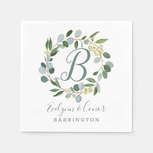 Monogram Bruiloft groene krans met eucalyptus Servet (Voorkant)