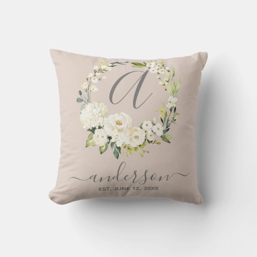 Monogram bruiloft Keepsake witte bloemenkrans Kussen (Voorkant)