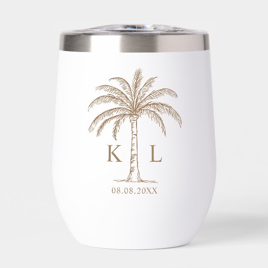Monogram Bruiloft Logo Palm Tree Thermische wijn (Voorkant)
