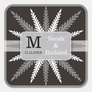 Monogram bruiloft stickers-zilver op zwart vierkante sticker