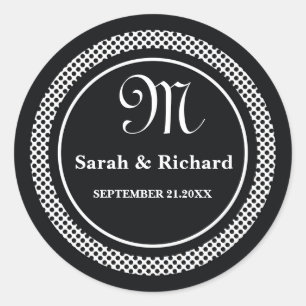 Monogram bruiloft stickers: zwarte polka stippen ronde sticker