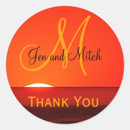 Monogram Bruiloft Tropische Zonsondergang Envelop  Ronde Sticker (Voorkant)