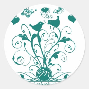 Monogram Bruiloft Vogels Harten Swirls Diep Aqua Ronde Sticker
