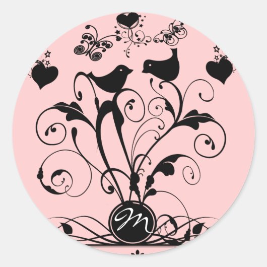 Monogram Bruiloft Vogels Harten Swirls Ronde Sticker (Voorkant)
