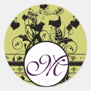 Monogram Bruiloft Vogels Harten Swirls Ronde Sticker