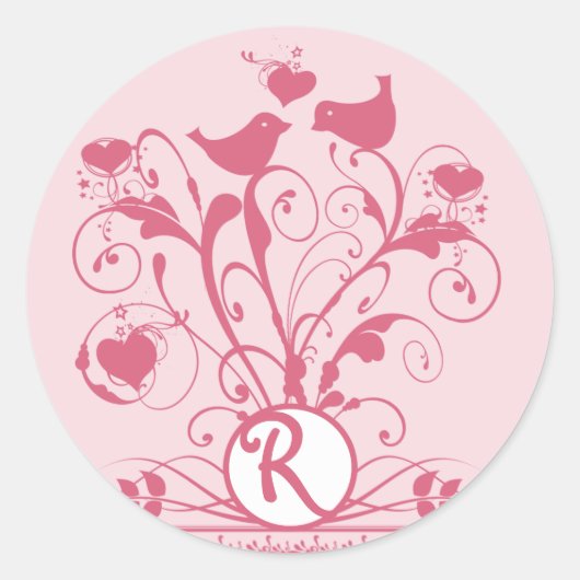Monogram bruiloftsvogels Hartszirls Honeysuckle Ronde Sticker (Voorkant)