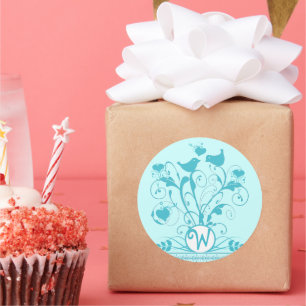 Monogram bruiloftsvogels Hartszwemmen Aqua Blue Ronde Sticker