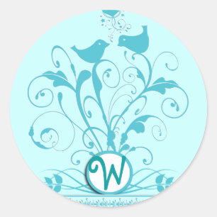 Monogram bruiloftsvogels Hartszwemmen Aqua Blue Ronde Sticker