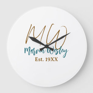 Monogram bruin blauw turquoise geschat jaar eenvou grote klok
