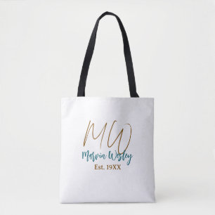 Monogram bruin blauw turquoise oprichtingsjaar een draagtas