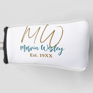 Monogram bruin blauw turquoise oprichtingsjaar een golfheadcover