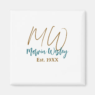 Monogram bruin blauw turquoise oprichtingsjaar een magneet