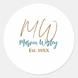 Monogram bruin blauw turquoise oprichtingsjaar een ronde sticker