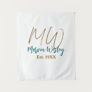 Monogram bruin blauw turquoise oprichtingsjaar een wandkleed