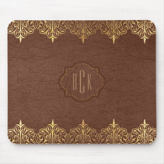Monogram Bruin Faux Lederen Goud Kant Accent Muismat (Voorkant)