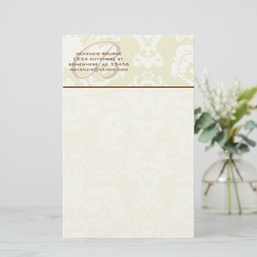 Monogram bruin-groene en crèmeartikelen briefpapier (Staand voorkant)