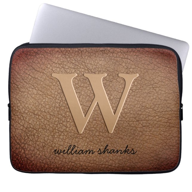 Monogram bruin leder goudscriptnaam rustig laptop sleeve (Voorkant)
