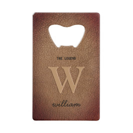 Monogram bruin rustiek leren stijlvolle script naa kredietkaart flessenopener