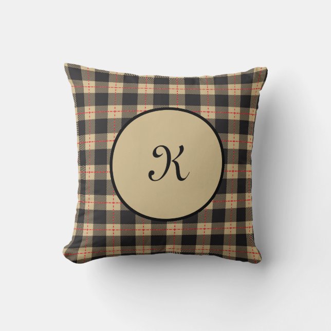 Monogram Bruin Zwart Rood Buffel Plaid Kussen (Voorkant)