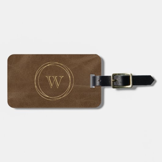 Monogram bruine bruinvet leder goudcirkels bagagelabel (Voorkant horizontaal)