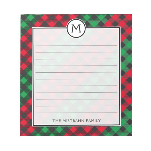 Monogram Buffel Plaid Feestelijke Kerst Notitieblok (Voorkant)
