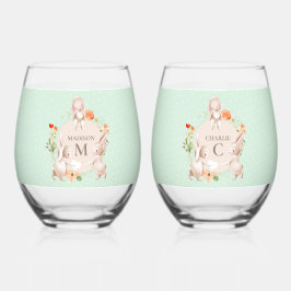 Monogram Bunny Rabbits Floral Easter, op maat gesn Wijnglas Zonder Voet