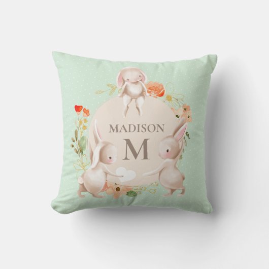 Monogram Bunny Rabbits Floral gepersonaliseerd Bab Kussen (Voorkant)