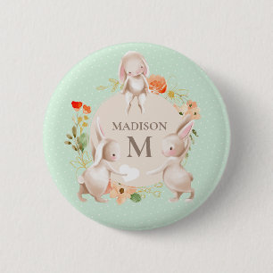 Monogram Bunny Rabbits Floral Girly Persoonlijk Ronde Button 5,7 Cm