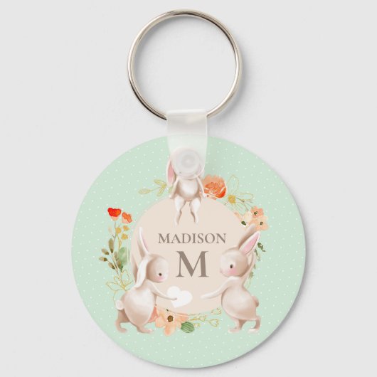 Monogram Bunny Rabbits Floral Girly Persoonlijk Sleutelhanger (Voorkant)