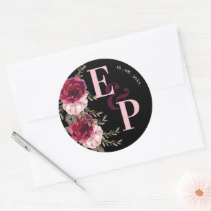  Monogram Burgundy Blush Pink Floral Weddenschap Ronde Sticker