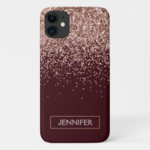 Monogram Burgundy Blush Pink Rose Gold Glitter iPhone 11 Hoesje