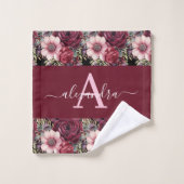 Monogram Burgundy & Pink Floral Elegant Towel Set (Gant de toilette)
