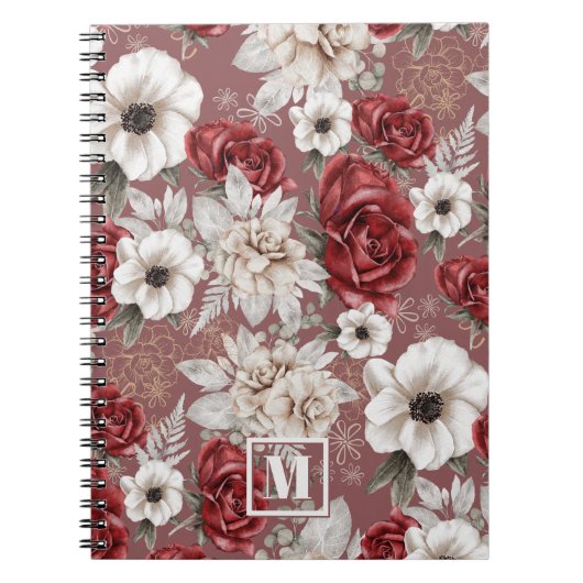Monogram Burgundy Roos Pink Floral Pattern Notitieboek (Voorkant)