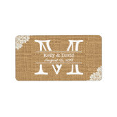  Monogram Burlap & Kant Rustieke Bruiloft Etiket (Voorkant)