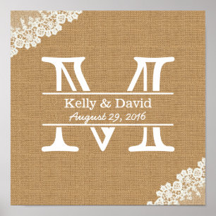 Monogram Burlap & Lace Rustic Wedding Poster