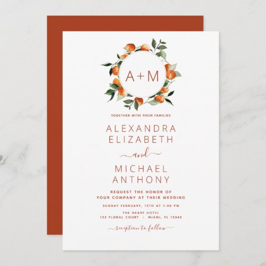 Monogram Burnt Sinaasappel Citrus Fruit Wedding In Kaart (Voorkant / Achterkant)