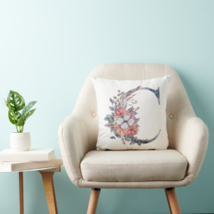 Monogram C Bloemenschildering in waterverf Blauw P Kussen